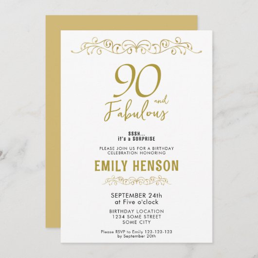 90 en Fabulous Gold Ornament 90th Verjaardag Kaart (Voorkant / Achterkant)