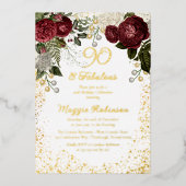 90 en Floral Birthday Party (Roos van Fabulous Gla Folie Uitnodiging (Voorkant)