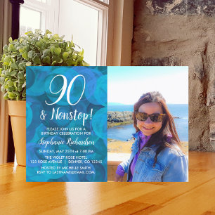 90 en Nonstop Ocean Blue Photo Birthday Kaart