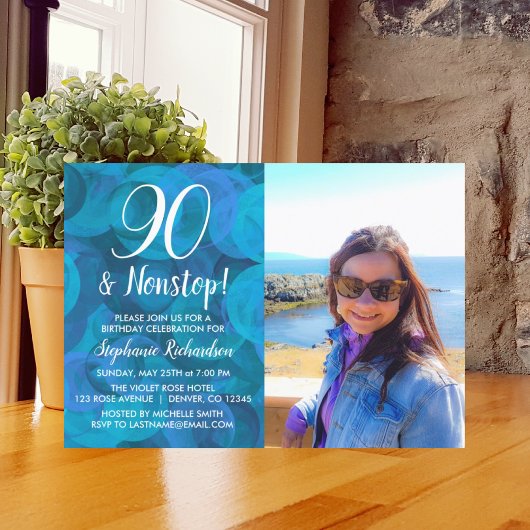 90 en Nonstop Ocean Blue Photo Birthday Kaart