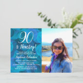 90 en Nonstop Ocean Blue Photo Birthday Kaart (Staand voorkant)