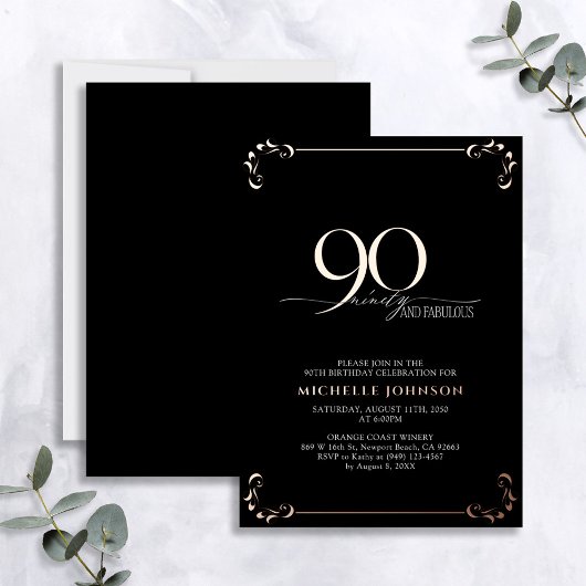 90 & Fabulous Black Roos Gold Calligraphy Birthday Folie Uitnodiging