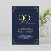 90 & Fabulous Blue & Gold Calligraphy Birthday Folie Uitnodiging (Staand Voorkant)