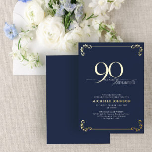 90 & Fabulous Blue & Gold Calligraphy Birthday Folie Uitnodiging