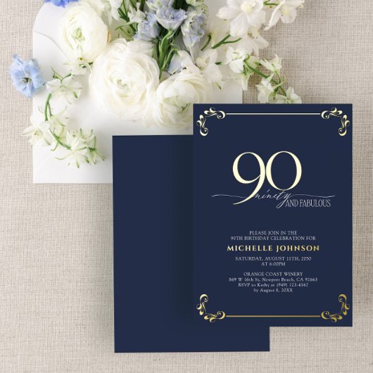 90 & Fabulous Blue & Gold Calligraphy Birthday Folie Uitnodiging