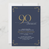 90 & Fabulous Blue & Gold Calligraphy Birthday Kaart (Voorkant)