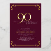 90 & Fabulous Burgundy & Gold Calligraphy Birthday Folie Uitnodiging (Voorkant)