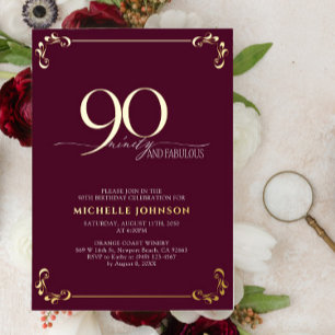 90 & Fabulous Burgundy & Gold Calligraphy Birthday Folie Uitnodiging