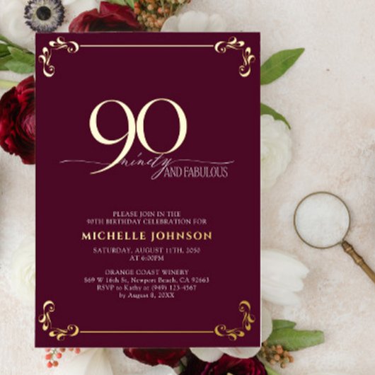 90 & Fabulous Burgundy & Gold Calligraphy Birthday Folie Uitnodiging