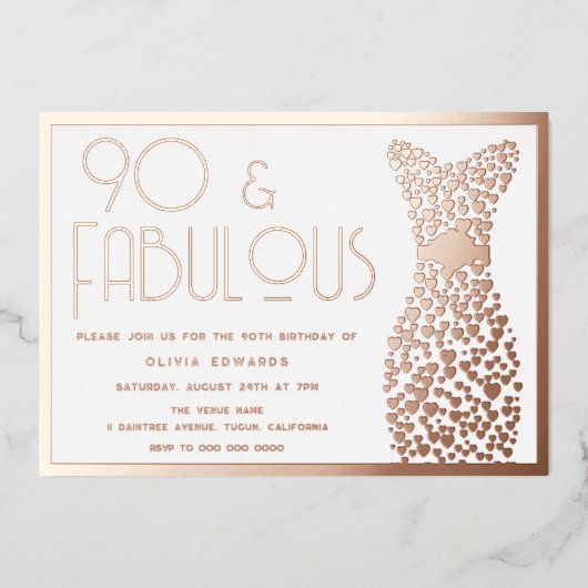 90 & Fabulous Gold Gown 90th Birthday Folie Uitnodiging (Voorkant)