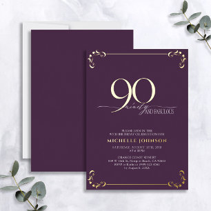 90 & Fabulous Paars & Gold Calligraphy Birthday Folie Uitnodiging