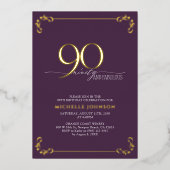 90 & Fabulous Paars & Gold Calligraphy Birthday Folie Uitnodiging (Voorkant)