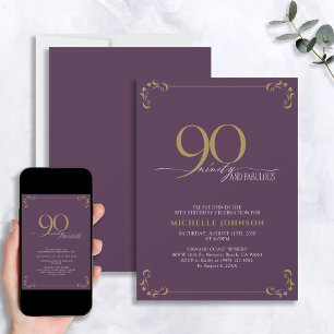 90 & Fabulous Paars & Gold Calligraphy Birthday Kaart