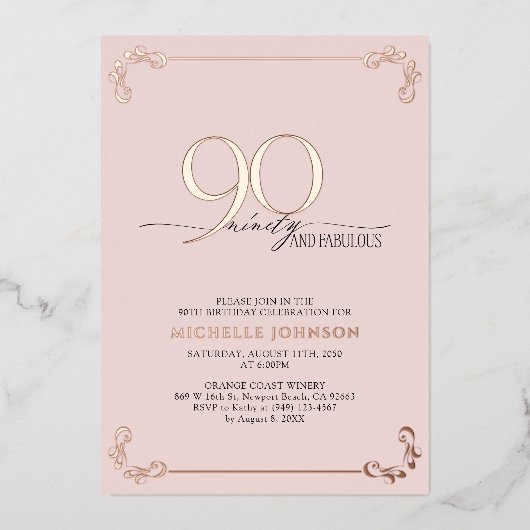 90 & Fabulous Pink Rose Gold Calligraphy Birthday Folie Uitnodiging (Voorkant)