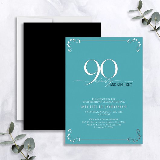 90 & Fabulous Turquoise & Silver Birthday Folie Uitnodiging