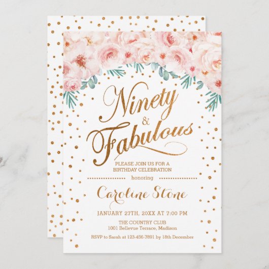 90 Feestelijke Verjaardagsfeest - Wit Goud Roze Kaart (Voorkant / Achterkant)