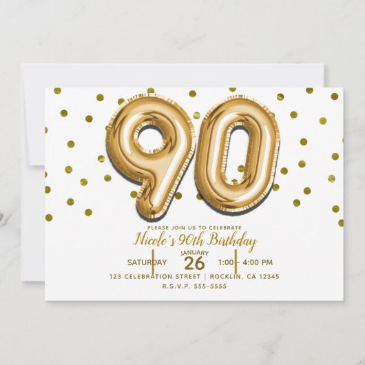 90 gouden ballonnen en Confetti 90ste verjaardagsf Kaart (Voorkant)