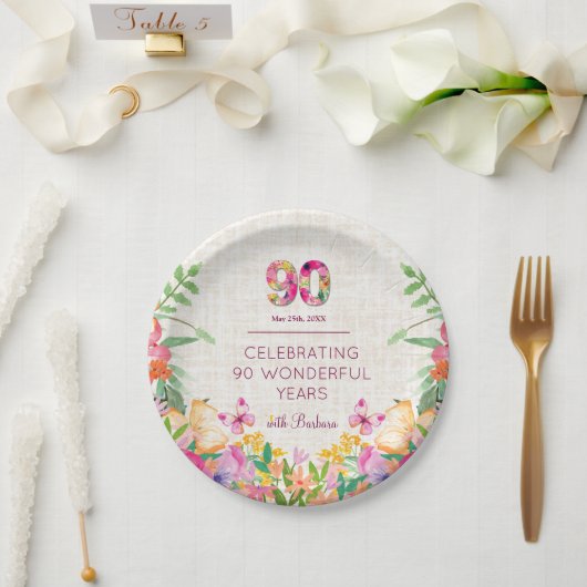 90 jaar bloemen 90ste verjaardag linnen partij papieren bordje (Huwelijk)