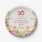 90 jaar bloemen 90ste verjaardag linnen partij papieren bordje (Voorkant)