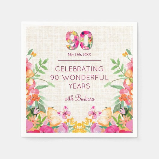 90 jaar Bloemen Bloemlinnen 90ste verjaardag Servet (Voorkant)