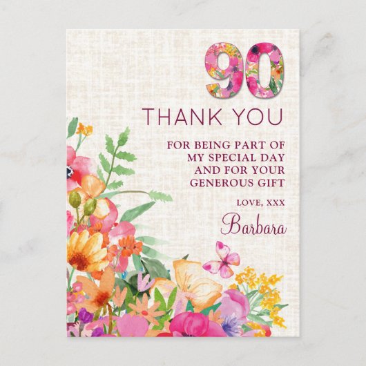 90 Jaar Bloemen Linnen 90ste Verjaardag Bedankt Aankondigingskaart (Voorkant)