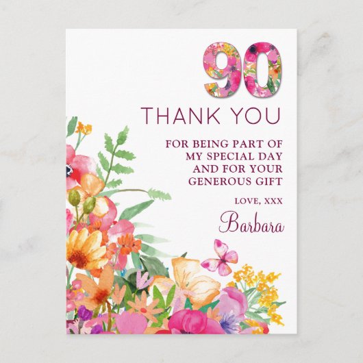 90 Jaar Bloemen Vlinder 90ste Verjaardag Dank U Aankondigingskaart (Voorkant)