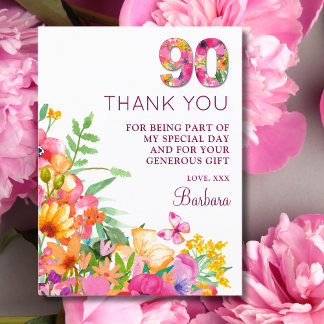 90 Jaar Bloemen Vlinder 90ste Verjaardag Dank U Aankondigingskaart