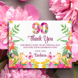 90 Jaar Bloemen Vlinder 90ste Verjaardag Dank U Briefkaart