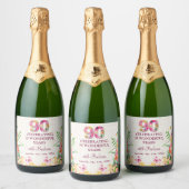 90 jaar bloemen vlinder 90ste verjaardag linnen sparkling wijnetiket (Flessen)