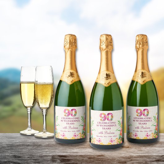 90 jaar bloemen vlinder 90ste verjaardag linnen sparkling wijnetiket