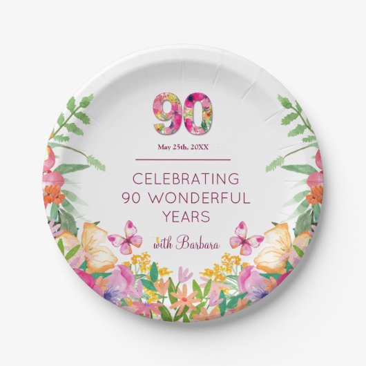 90 jaar bloemen vlinder 90ste verjaardagsfeest papieren bordje (Voorkant)