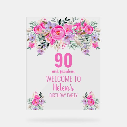 90 jaar en fantastisch roze elegante verjaardagsfe acryl bord (Voorkant)