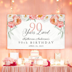 90 Jaar Geliefd Perzik Bloem 90ste Verjaardag Spandoek
