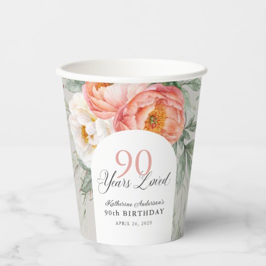 90 Jaar Geliefde Vrouwelijke Bloemen 90ste Verjaar Papieren Bekers (Voorkant)