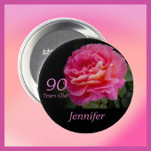90 jaar oud, naam, bloemenroze roos Button Pin