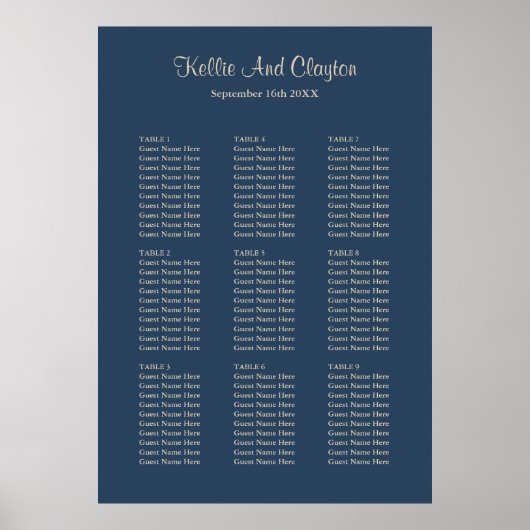 90 Klassieke Blue Wedding Seating Chart Poster (Voorkant)