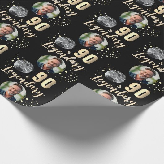 90 & Legendary 2 Photos 90th Birthday Gold Cadeaupapier (Hoek)
