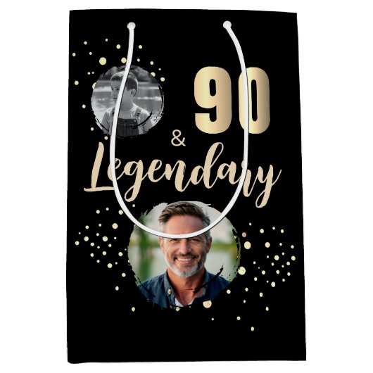 90 & Legendary 2 Photos 90th Birthday Gold Medium Cadeauzakje (Voorkant)