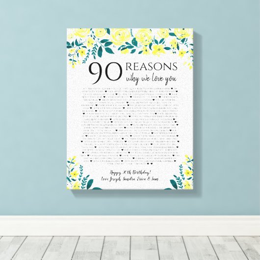 90 redenen waarom we van je verjaardagscadeau houd canvas afdruk (Insitu (Houten vloer))