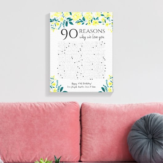 90 redenen waarom we van je verjaardagscadeau houd canvas afdruk (Insitu (Woonkamer))