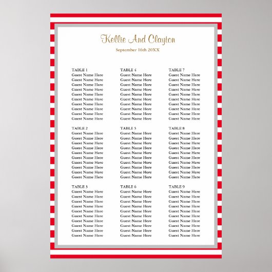 90 Rood/Witte Stripes Wedding Seating Chart Poster (Voorkant)