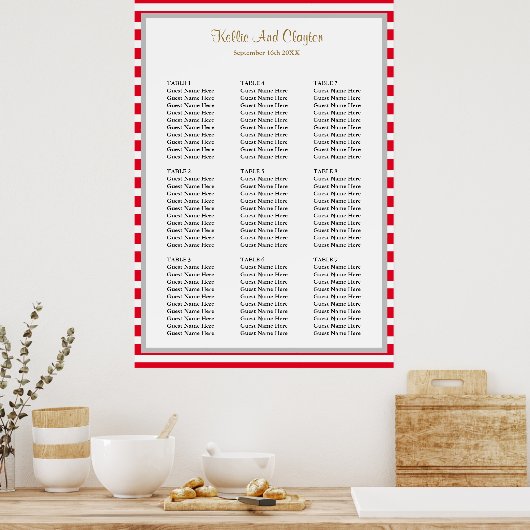 90 Rood/Witte Stripes Wedding Seating Chart Poster (Keuken)