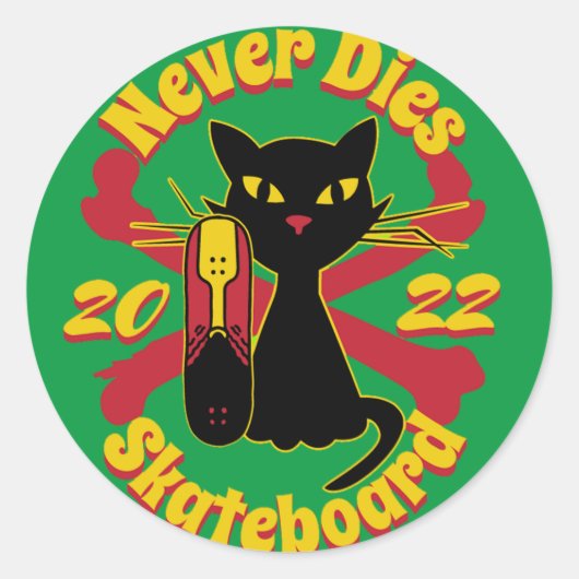 '90, skateboard kat, skateboard sterft nooit ronde sticker (Voorkant)