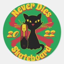 '90, skateboard kat, skateboard sterft nooit ronde sticker