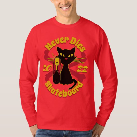 '90, skateboard kat, skateboard sterft nooit t-shirt (Voorkant)