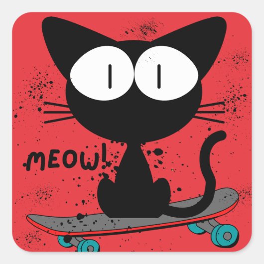 '90, skateboard kat, skateboard sterft nooit vierkante sticker (Voorkant)