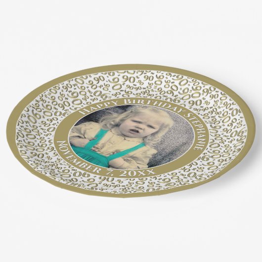 90 Uw foto Willekeurige nummerpatroon Goud/Wit Papieren Bordje (Gekanteld)