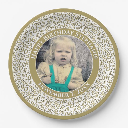 90 Uw foto Willekeurige nummerpatroon Goud/Wit Papieren Bordje (Voorkant)