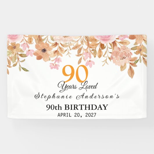 90 Years Loved Peach Floral 90th Spandoek (Horizontaal)
