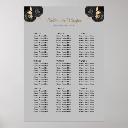 90 Zwarte en gouden Floral Wedding Seating Chart Poster (Voorkant)
